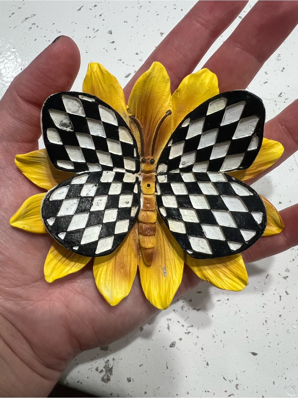 Yellow Sunflower with Black & White Checkered Butterfly Incense Burner
